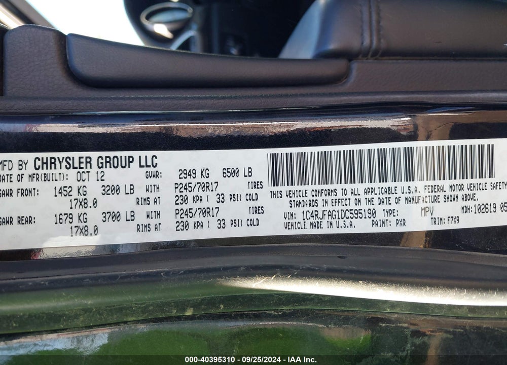 2013 JEEP GRAND CHEROKEE LAREDO VIN: 1C4RJFAG1DC595190