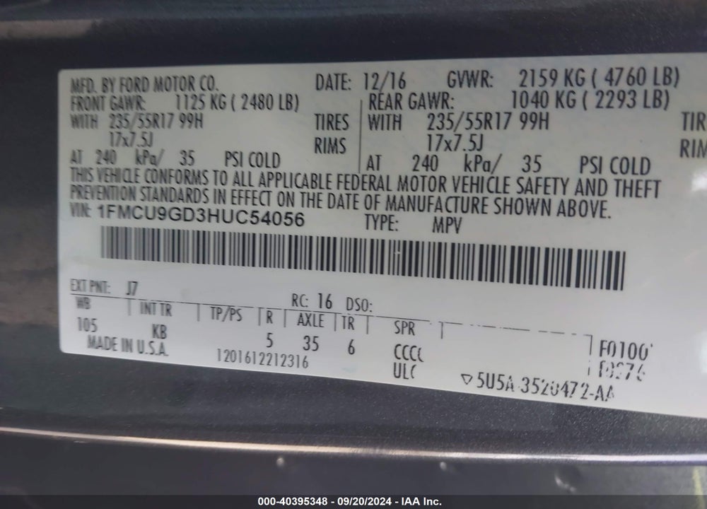 2017 FORD ESCAPE SE VIN: 1FMCU9GD3HUC54056