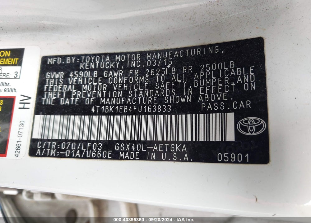 2015 TOYOTA AVALON XLE PREMIUM VIN: 4T1BK1EB4FU163833