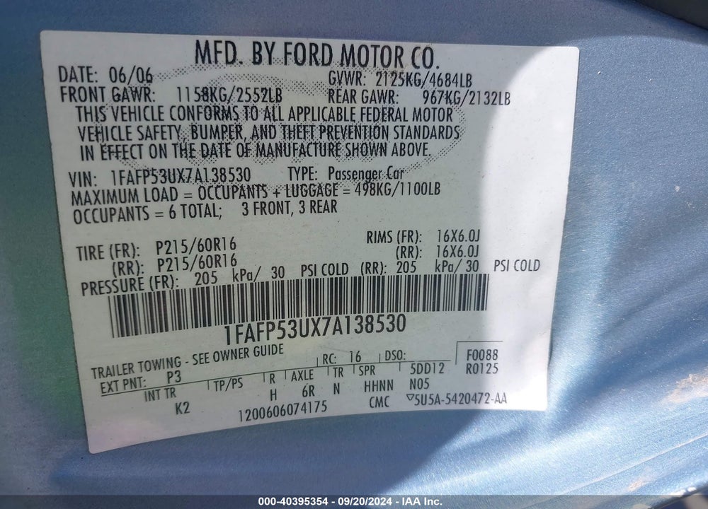 2007 FORD TAURUS VIN: 1FAFP53UX7A138530