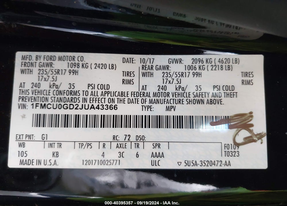 2018 FORD ESCAPE SE VIN: 1FMCU0GD2JUA43366