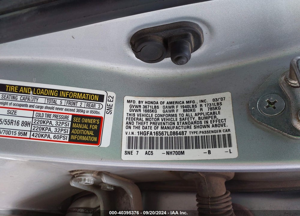 2007 HONDA CIVIC LX VIN: 1HGFA16567L086487