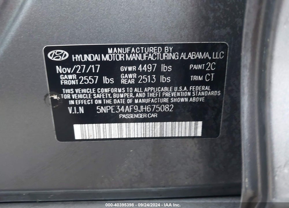 2018 HYUNDAI SONATA SPORT VIN: 5NPE34AF9JH675082