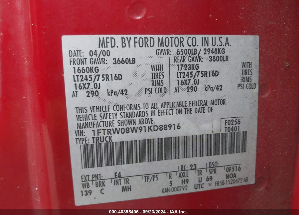 2001 FORD F-150 KING RANCH EDITION/LARIAT/XLT VIN: 1FTRW08W91KD88916