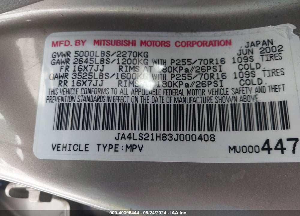 2003 MITSUBISHI MONTERO SPORT ES/LS VIN: JA4LS21H83J000408