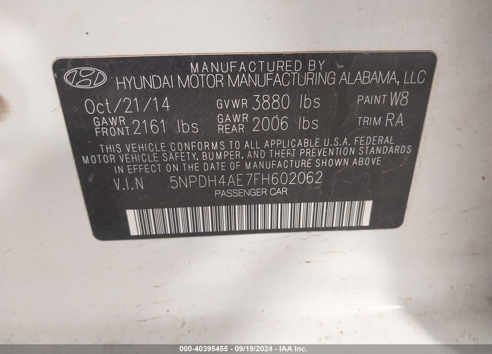 2015 HYUNDAI ELANTRA SE VIN: 5NPDH4AE7FH602062