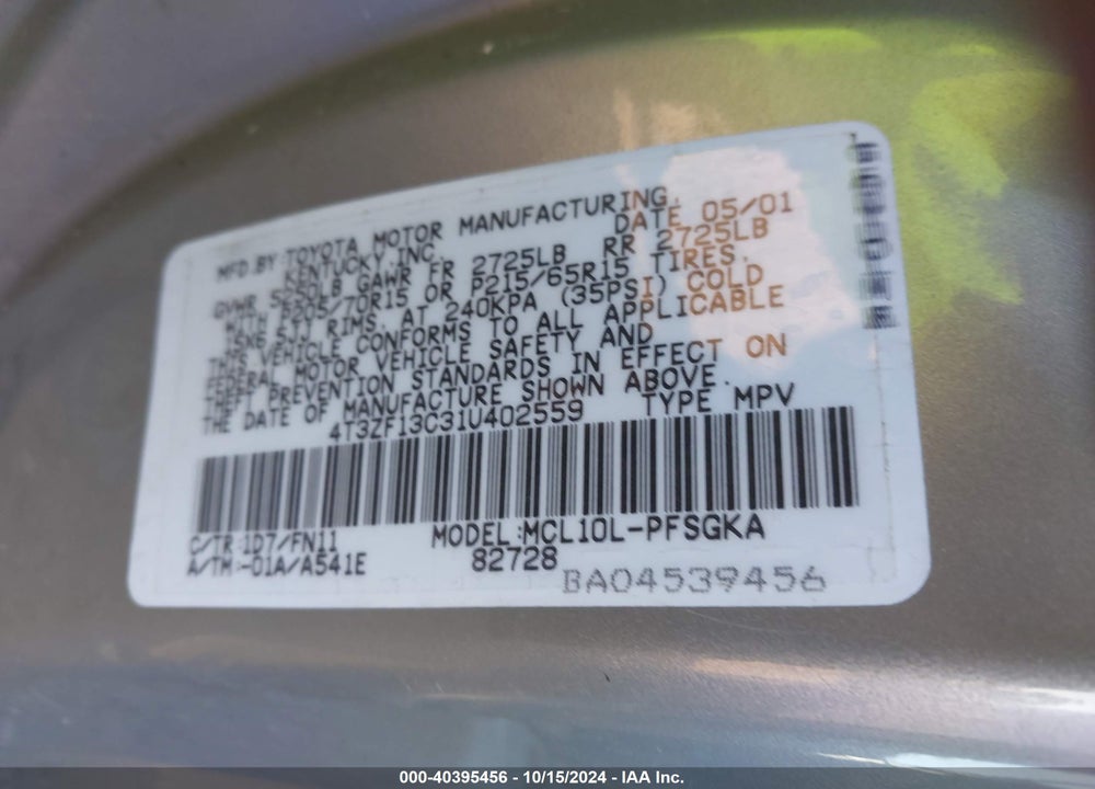 2001 TOYOTA SIENNA LE VIN: 4T3ZF13C31U402559