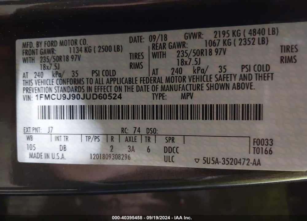 2018 FORD ESCAPE TITANIUM VIN: 1FMCU9J90JUD60524