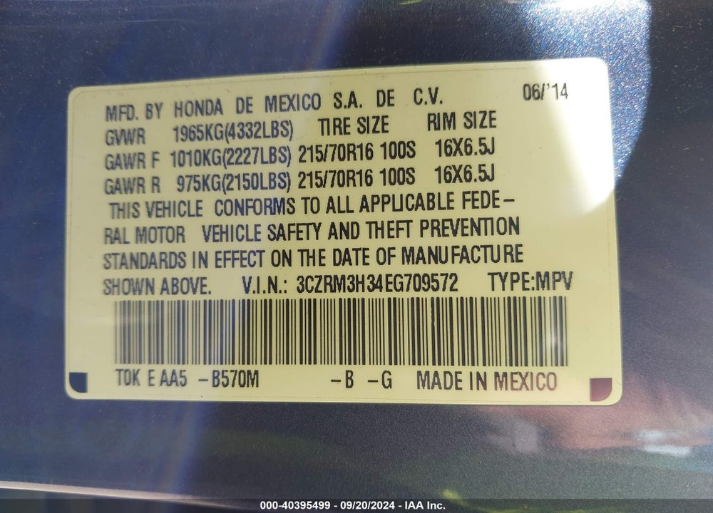 2014 HONDA CR-V LX VIN: 3CZRM3H34EG709572