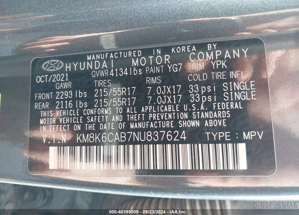 2022 HYUNDAI KONA SEL VIN: KM8K6CAB7NU837624