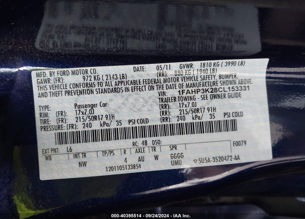 2012 FORD FOCUS SE VIN: 1FAHP3K28CL153331