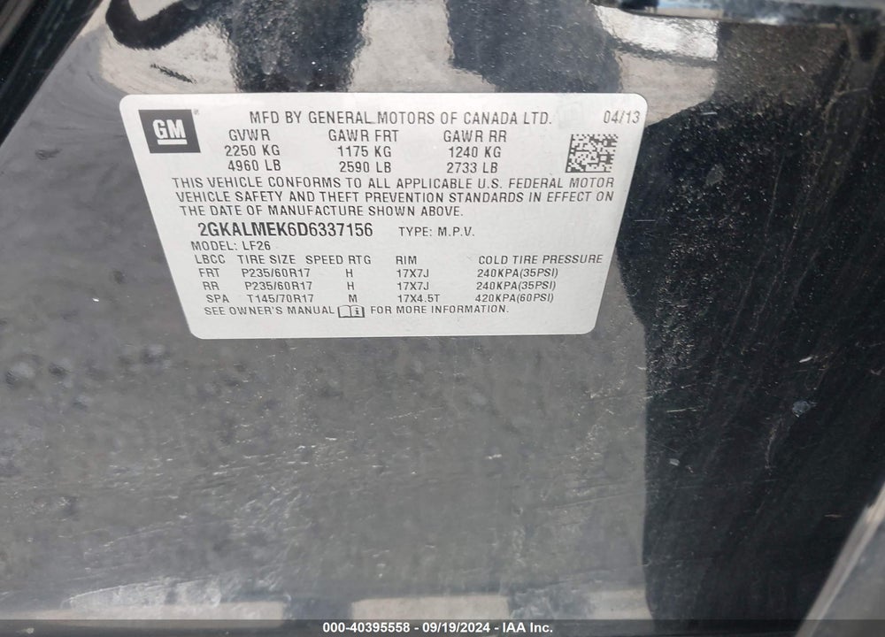 2013 GMC TERRAIN SLE-1 VIN: 2GKALMEK6D6337156