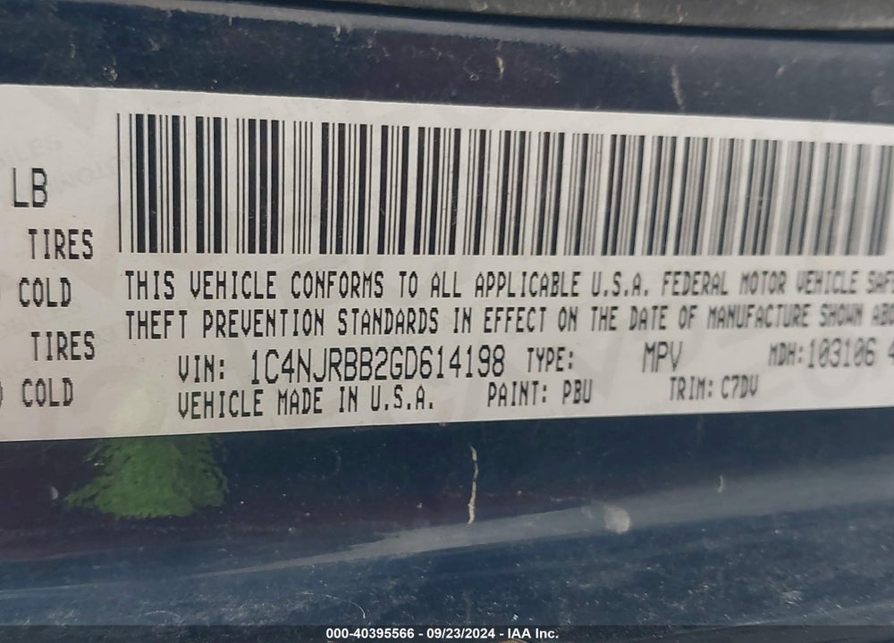 2016 JEEP PATRIOT SPORT VIN: 1C4NJRBB2GD614198