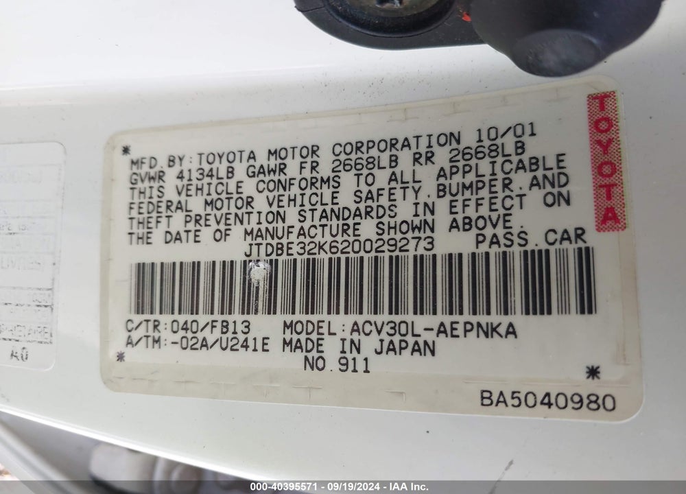 2002 TOYOTA CAMRY LE VIN: JTDBE32K620029273
