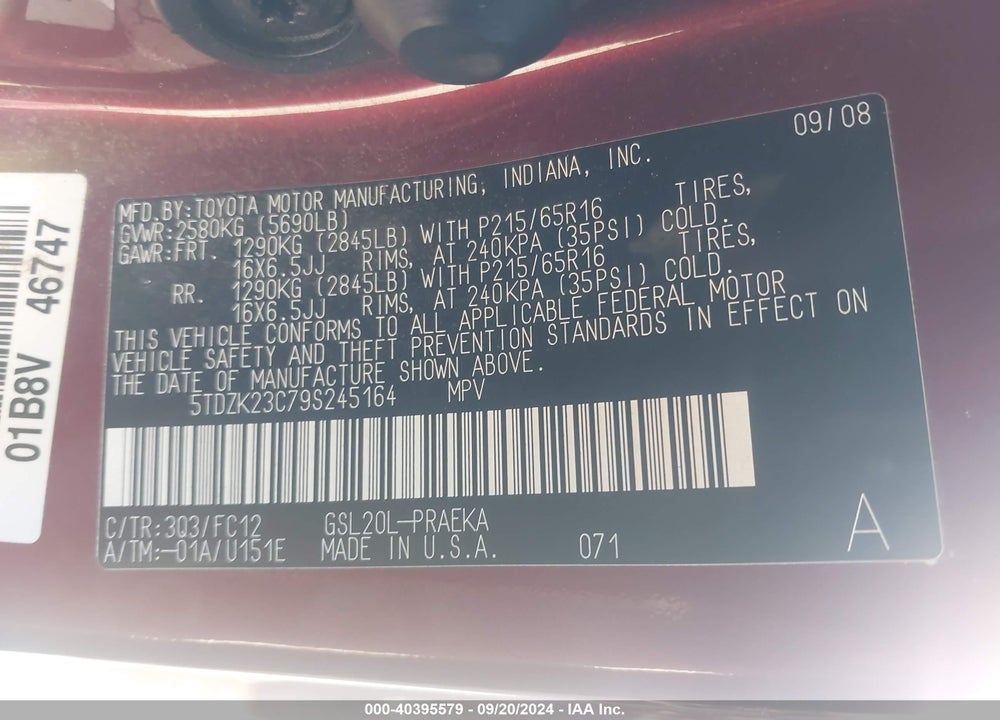 2009 TOYOTA SIENNA LE VIN: 5TDZK23C79S245164