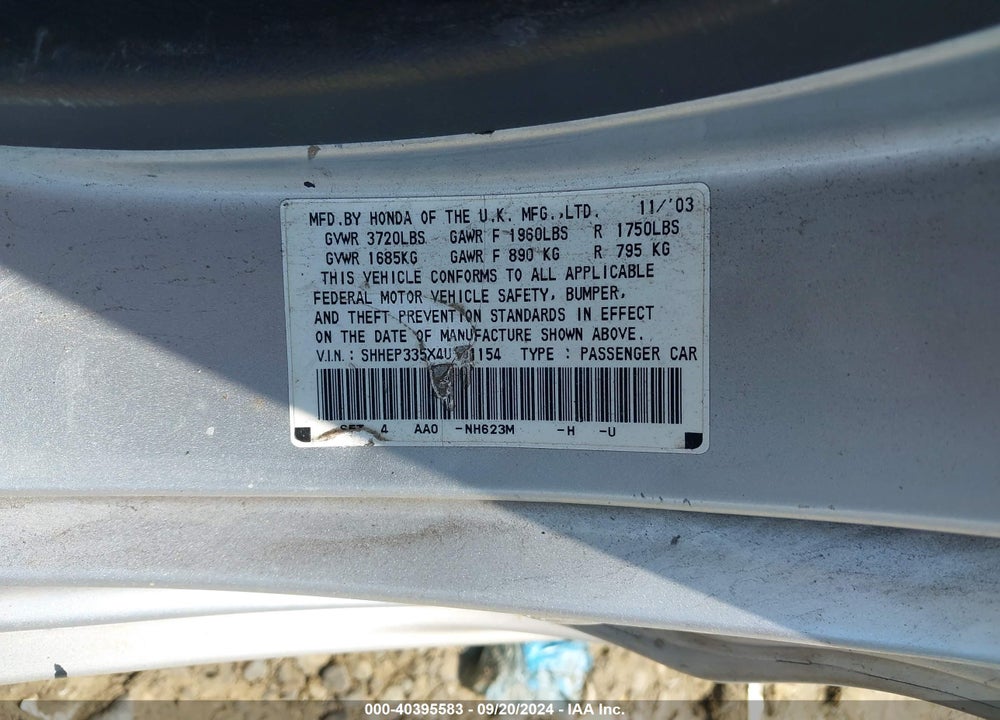 2004 HONDA CIVIC SI VIN: SHHEP335X4U501154