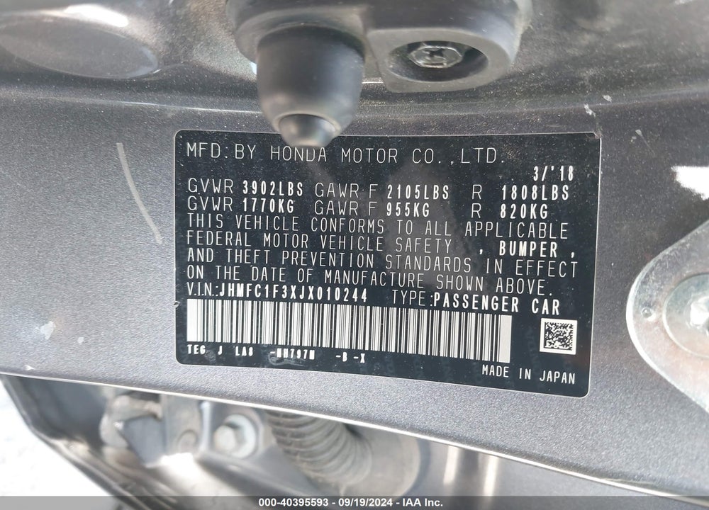 2018 HONDA CIVIC EX-T VIN: JHMFC1F3XJX010244