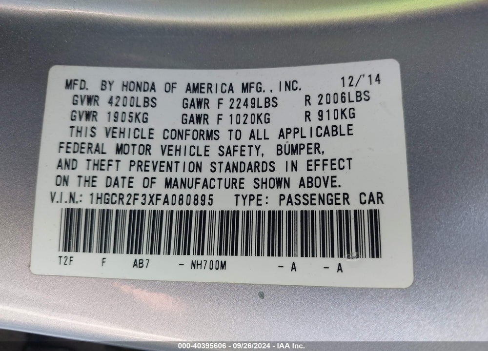 2015 HONDA ACCORD LX VIN: 1HGCR2F3XFA080895
