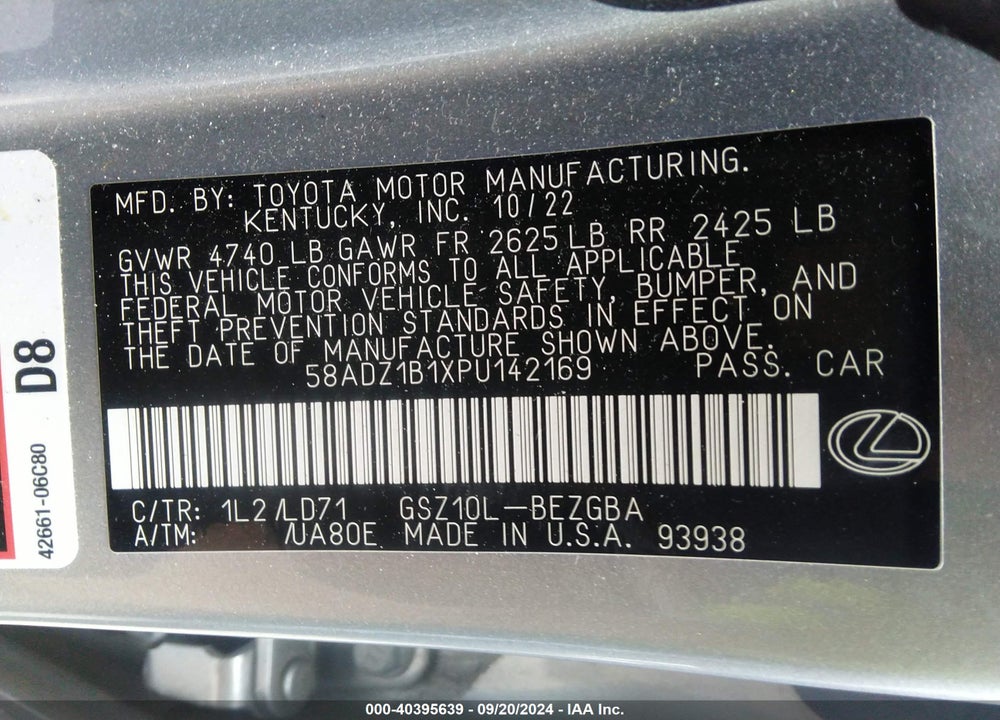 2023 LEXUS ES 350 VIN: 58ADZ1B1XPU142169