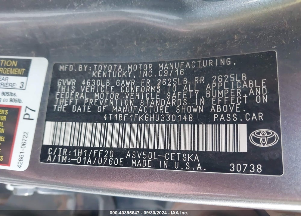 2017 TOYOTA CAMRY SE VIN: 4T1BF1FK6HU330148