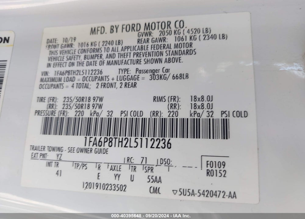 2020 FORD MUSTANG ECOBOOST PREMIUM FASTBACK VIN: 1FA6P8TH2L5112236