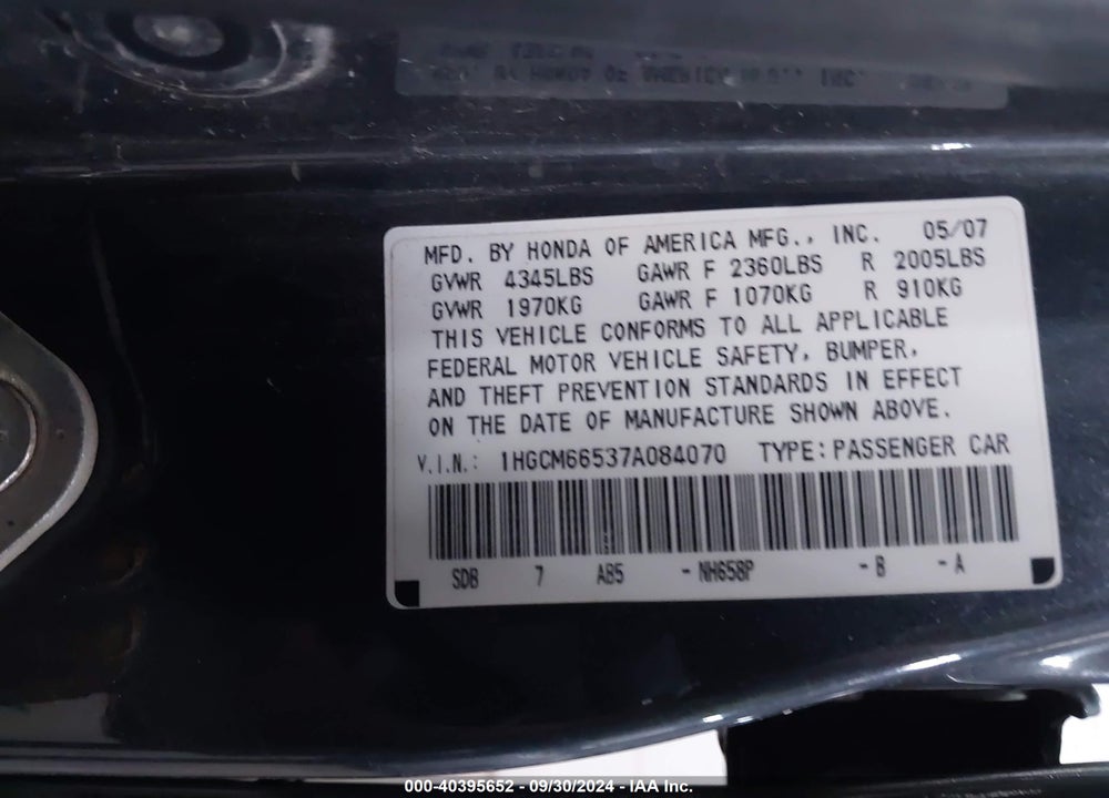 2007 HONDA ACCORD 3.0 EX VIN: 1HGCM66537A084070
