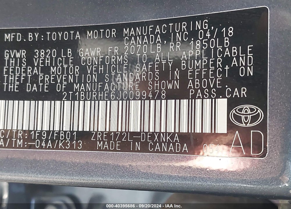 2018 TOYOTA COROLLA LE VIN: 2T1BURHE6JC099478