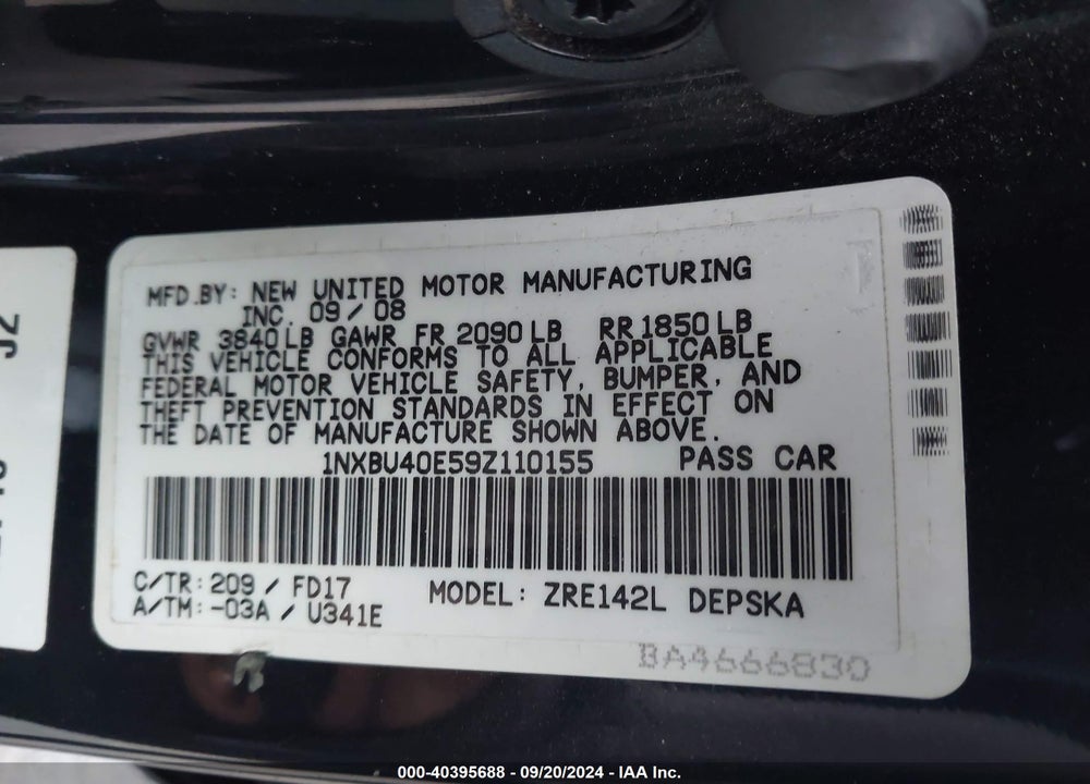 2009 TOYOTA COROLLA S VIN: 1NXBU40E59Z110155