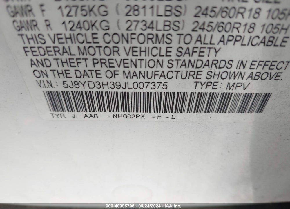 2018 ACURA MDX VIN: 5J8YD3H39JL007375