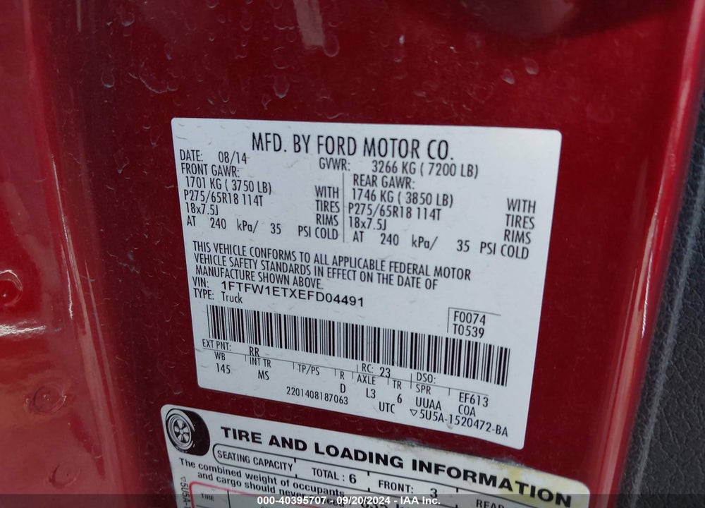 2014 FORD F-150 XLT VIN: 1FTFW1ETXEFD04491