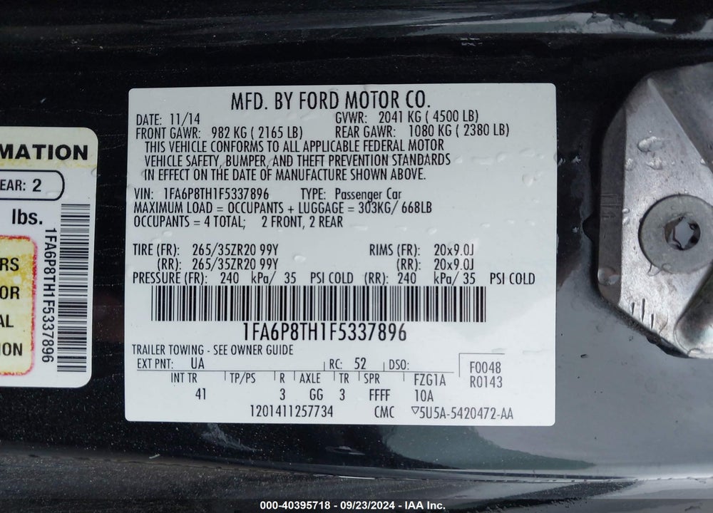 2015 FORD MUSTANG ECOBOOST VIN: 1FA6P8TH1F5337896