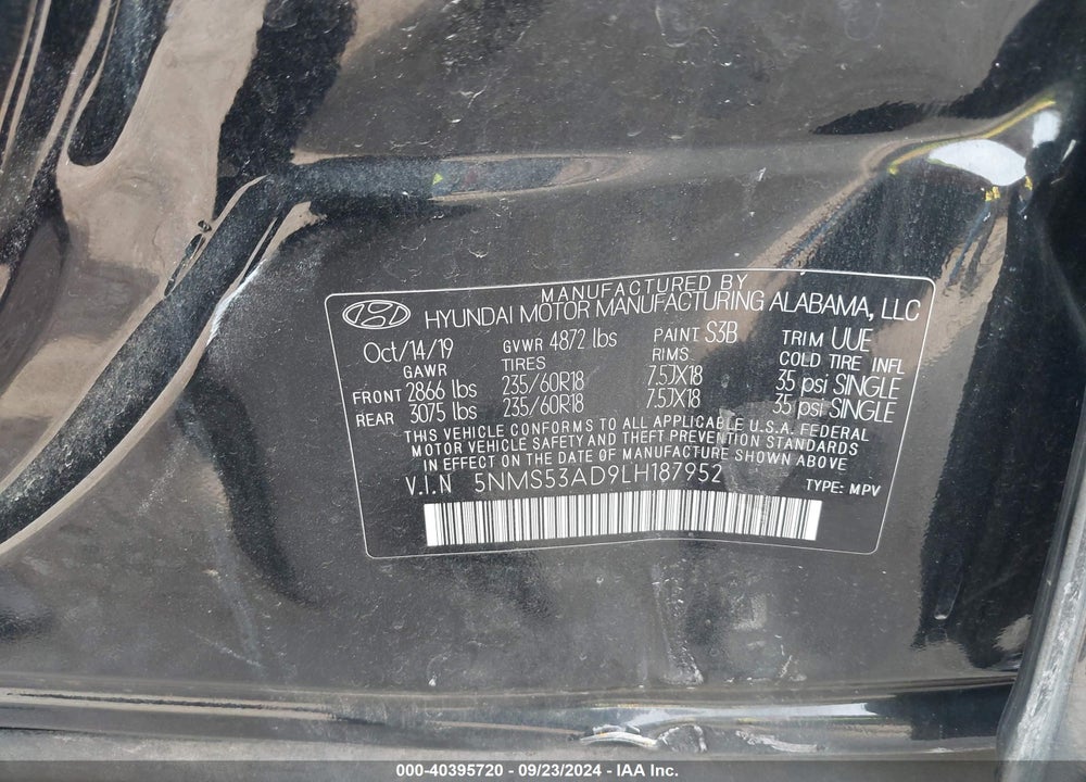 2020 HYUNDAI SANTA FE LIMITED VIN: 5NMS53AD9LH187952