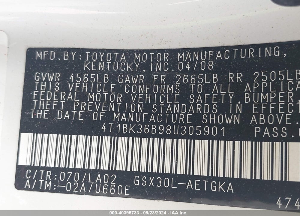 2008 TOYOTA AVALON XLS VIN: 4T1BK36B98U305901