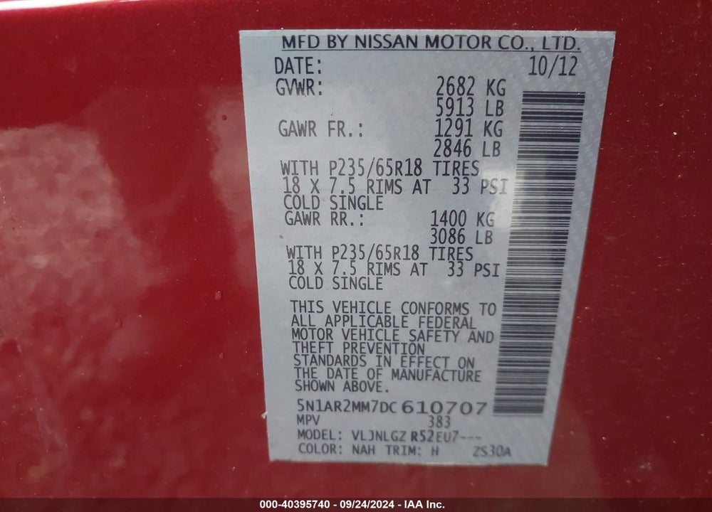 2013 NISSAN PATHFINDER SL VIN: 5N1AR2MM7DC610707