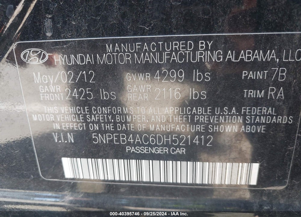2013 HYUNDAI SONATA GLS VIN: 5NPEB4AC6DH521412