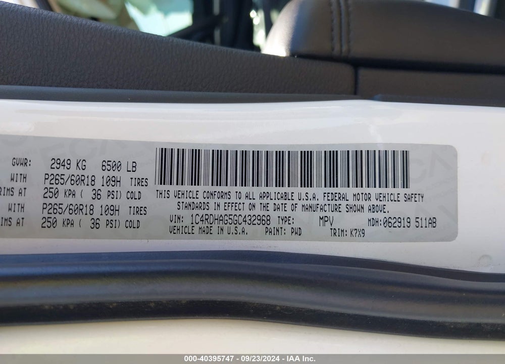 2016 DODGE DURANGO SXT VIN: 1C4RDHAG5GC432968