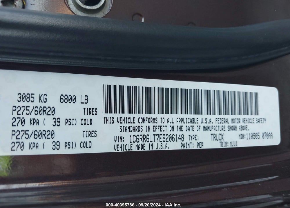 2014 RAM 1500 LONE STAR VIN: 1C6RR6LT7ES206148