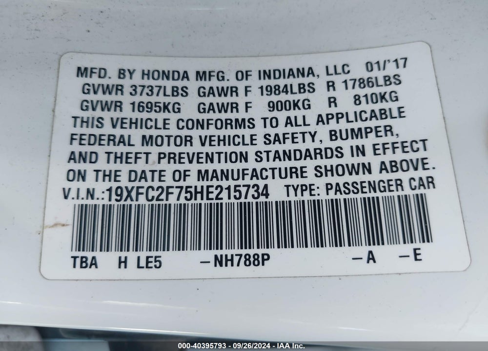 2017 HONDA CIVIC VIN: 19XFC2F75HE215734