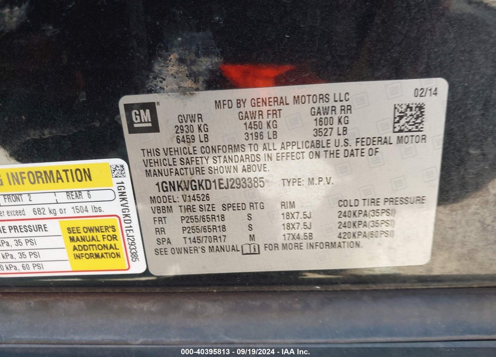 2014 CHEVROLET TRAVERSE 1LT VIN: 1GNKVGKD1EJ293385