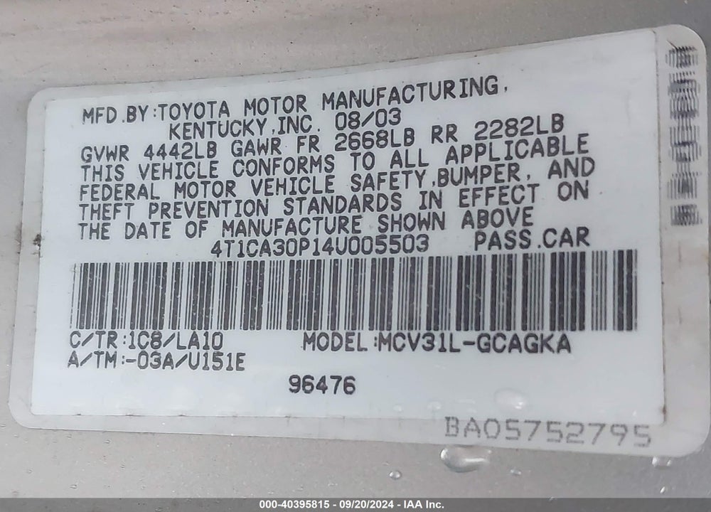 2004 TOYOTA CAMRY SOLARA SLE V6 VIN: 4T1CA30P14U005503