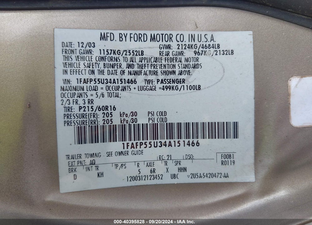 2004 FORD TAURUS SES VIN: 1FAFP55U34A151466