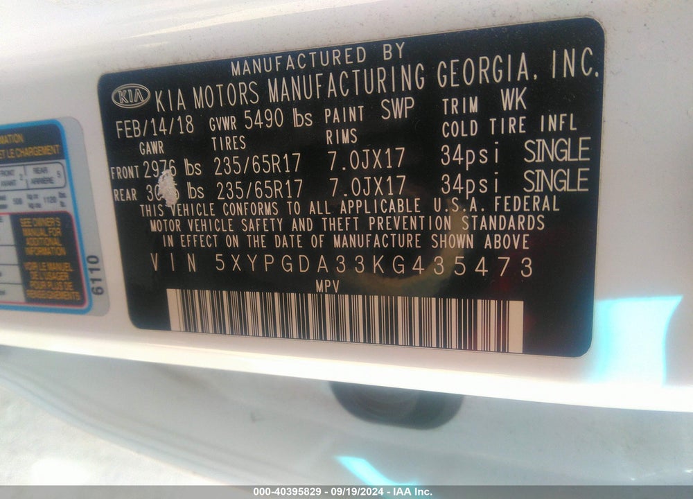 2019 KIA SORENTO 2.4L LX VIN: 5XYPGDA33KG435473
