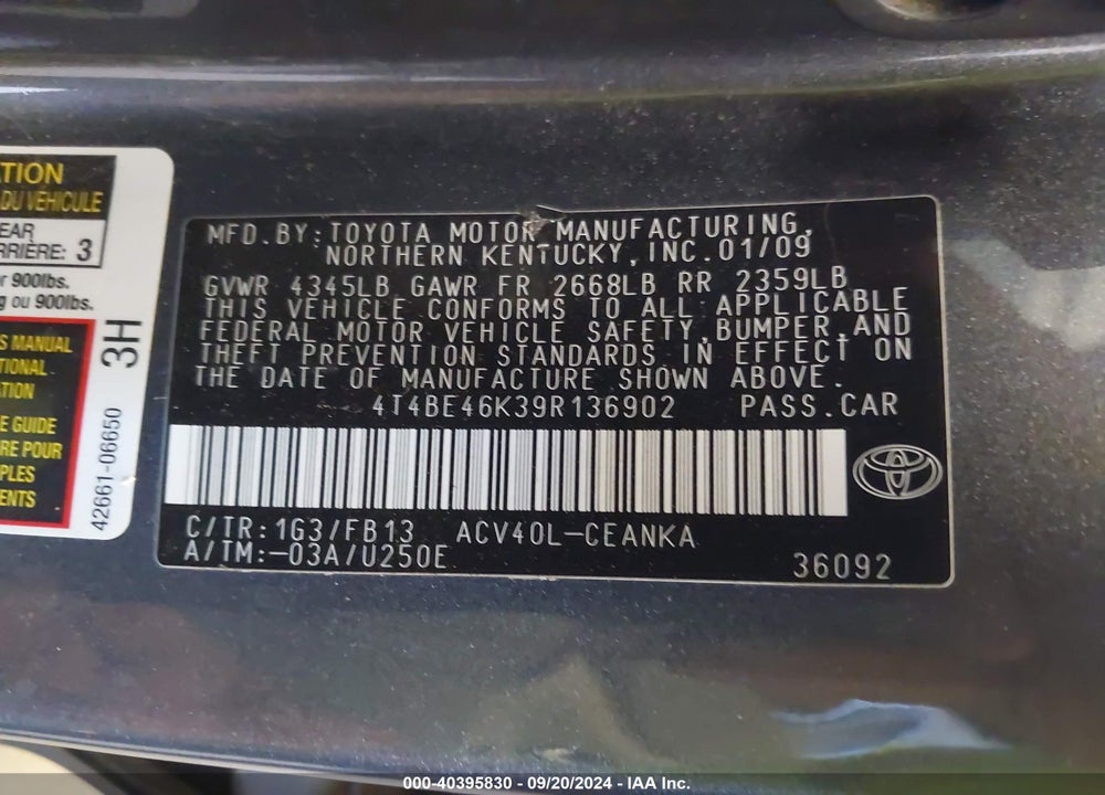 2009 TOYOTA CAMRY LE VIN: 4T4BE46K39R136902