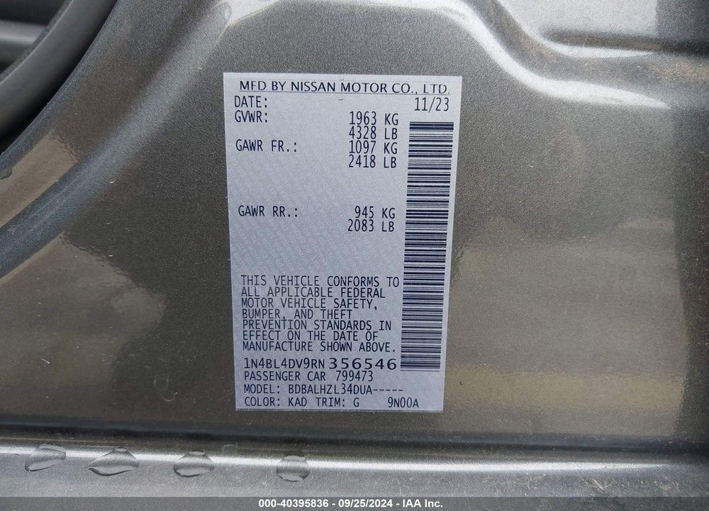 2024 NISSAN ALTIMA SV FWD VIN: 1N4BL4DV9RN356546