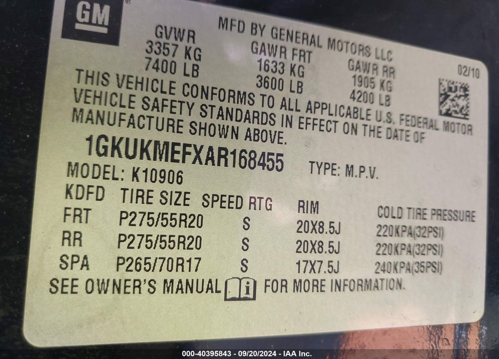 2010 GMC YUKON XL 1500 DENALI VIN: 1GKUKMEFXAR168455