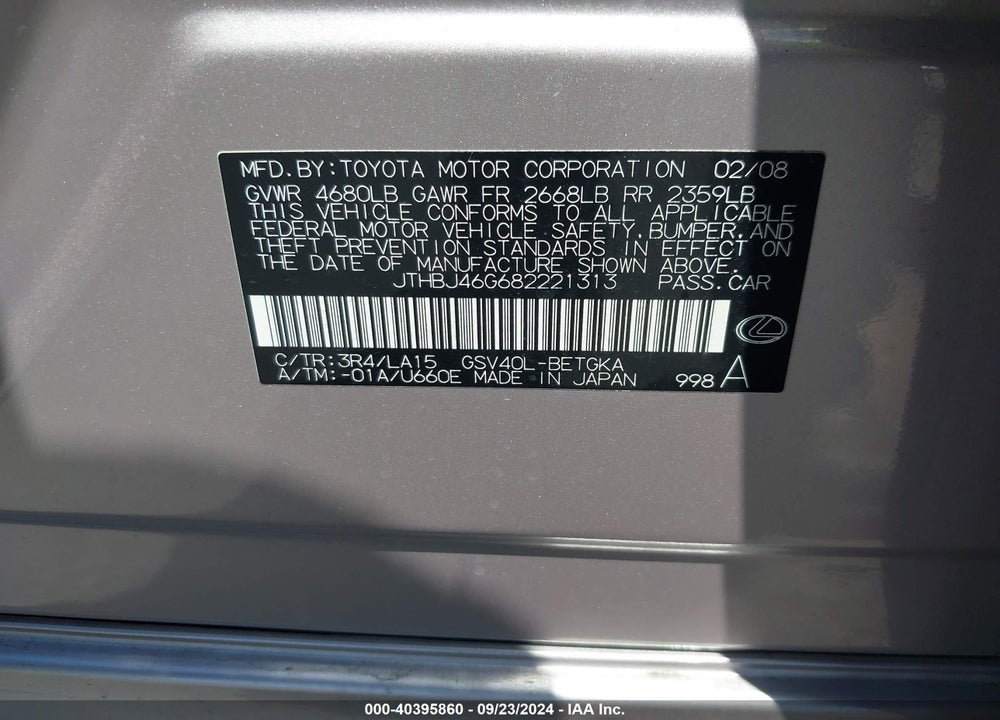 2008 LEXUS ES 350 VIN: JTHBJ46G682221313