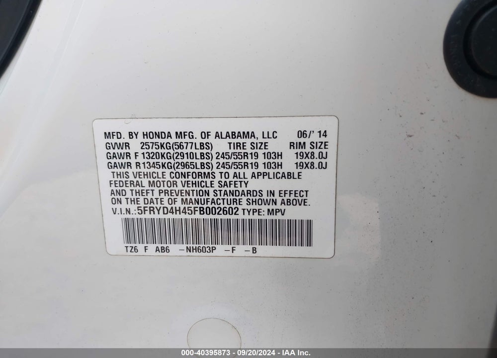 2015 ACURA MDX TECHNOLOGY PACKAGE VIN: 5FRYD4H45FB002602