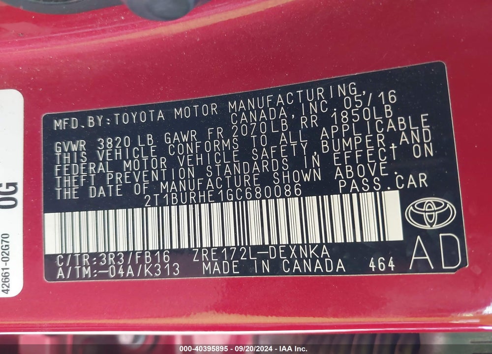 2016 TOYOTA COROLLA LE VIN: 2T1BURHE1GC680086