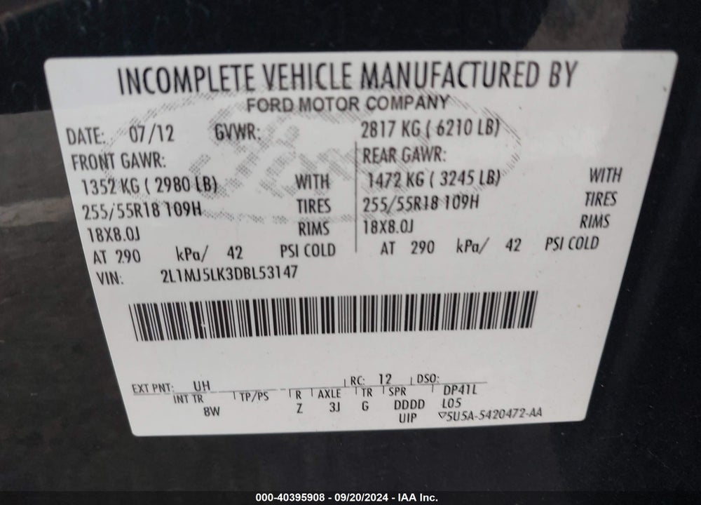2013 LINCOLN MKT LIMO/HEARSE VIN: 2L1MJ5LK3DBL53147