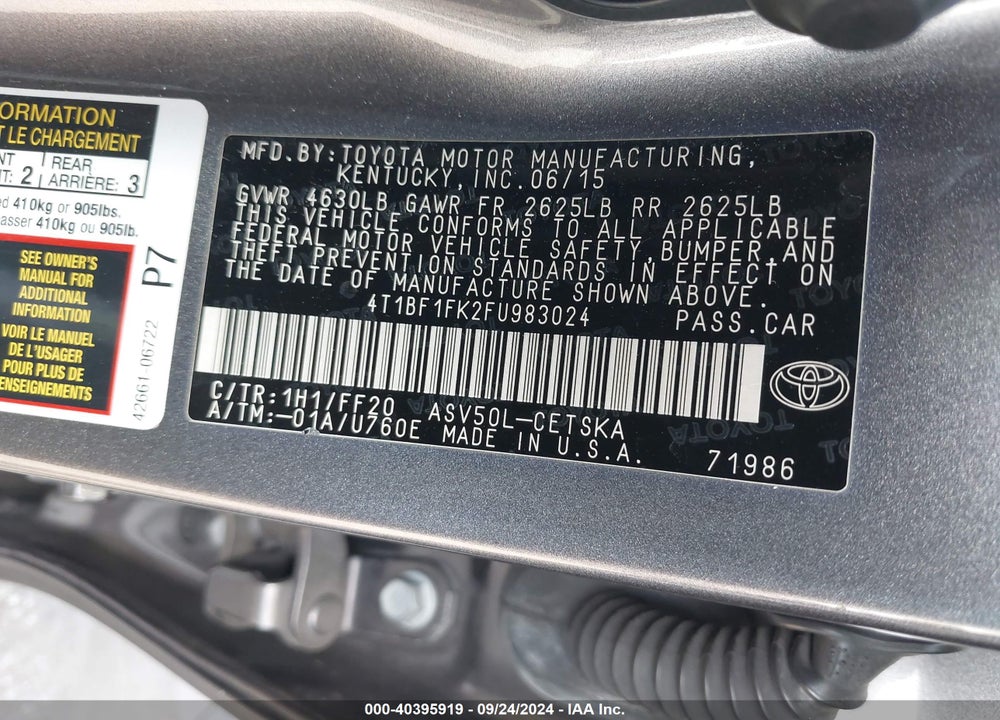 2015 TOYOTA CAMRY SE VIN: 4T1BF1FK2FU983024